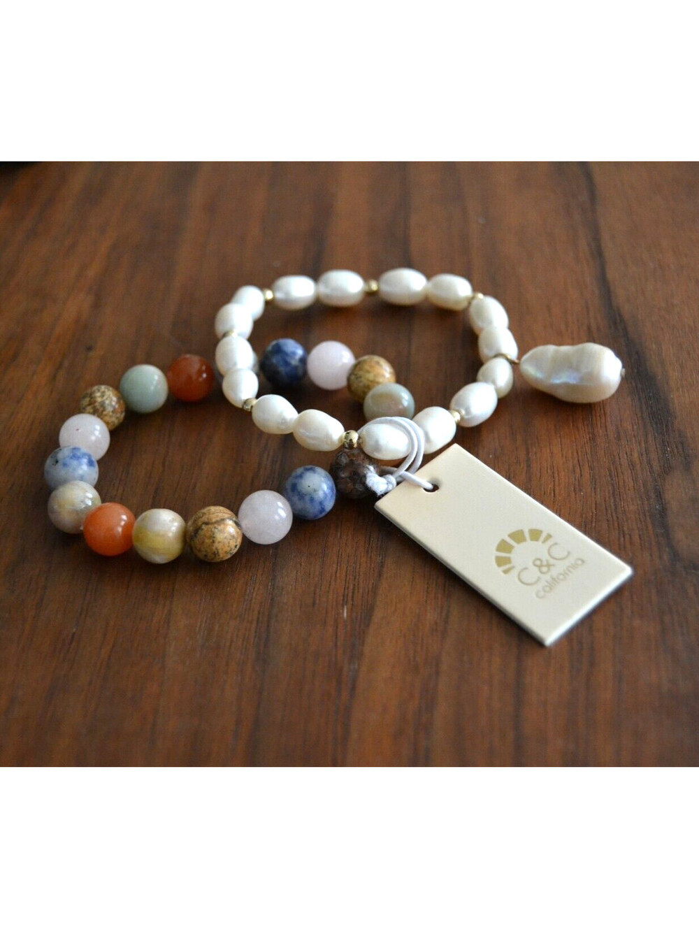 C&C California Semi-Precious Gemstone & Baroque Pearl Stretch Bracelets NWT